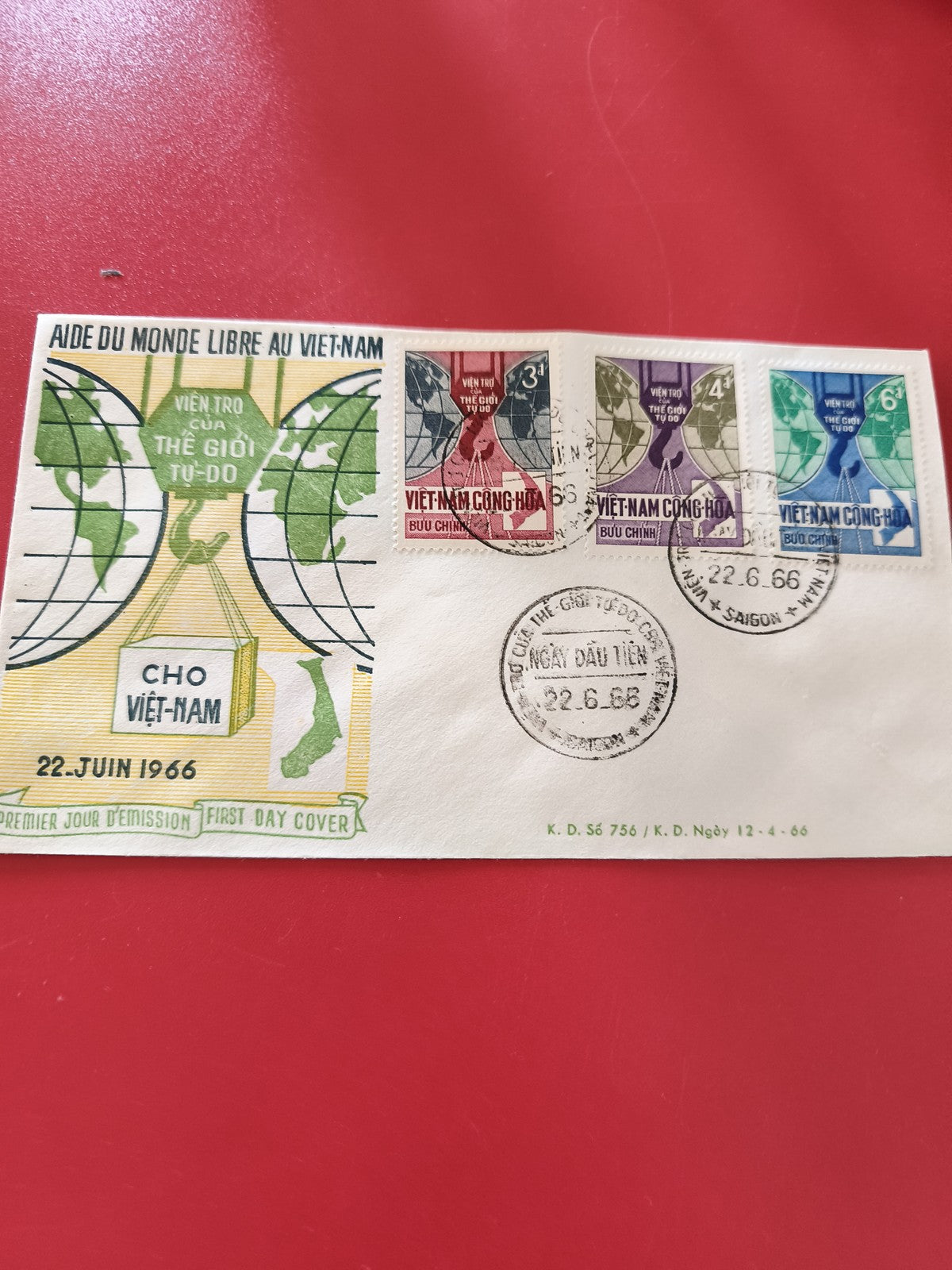 Ancienne enveloppe FDC Vietnam 1966 timbres colorés, premier jour d?émission