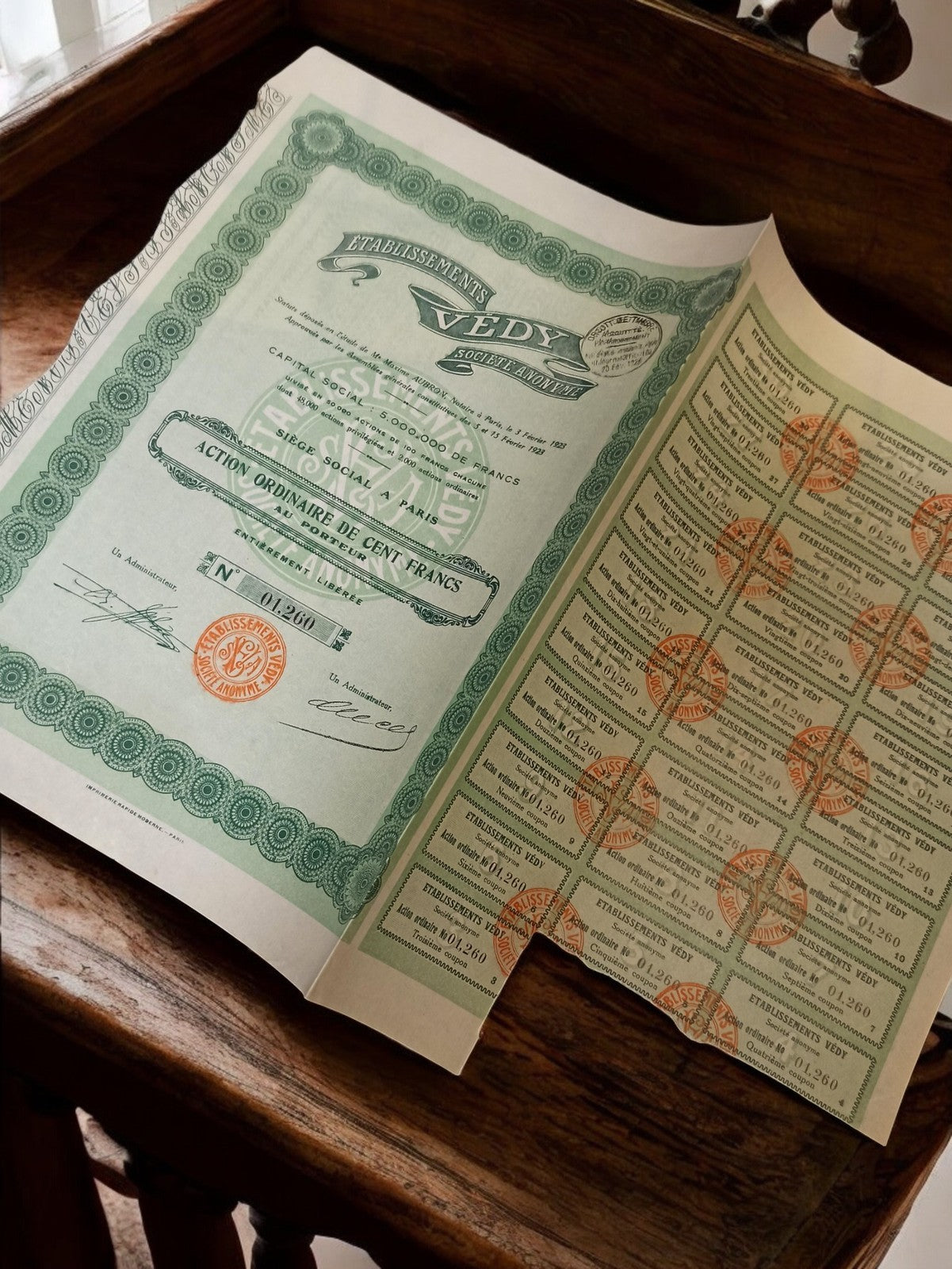 Action au porteur VEDY Paris 1920s document financier vintage ancien rétro