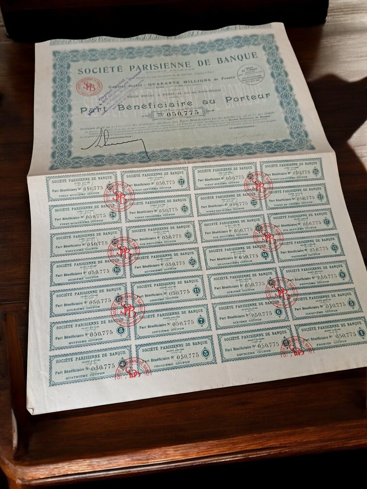 Ancien titre au porteur Société Parisienne de Banque vintage années 1920 collect