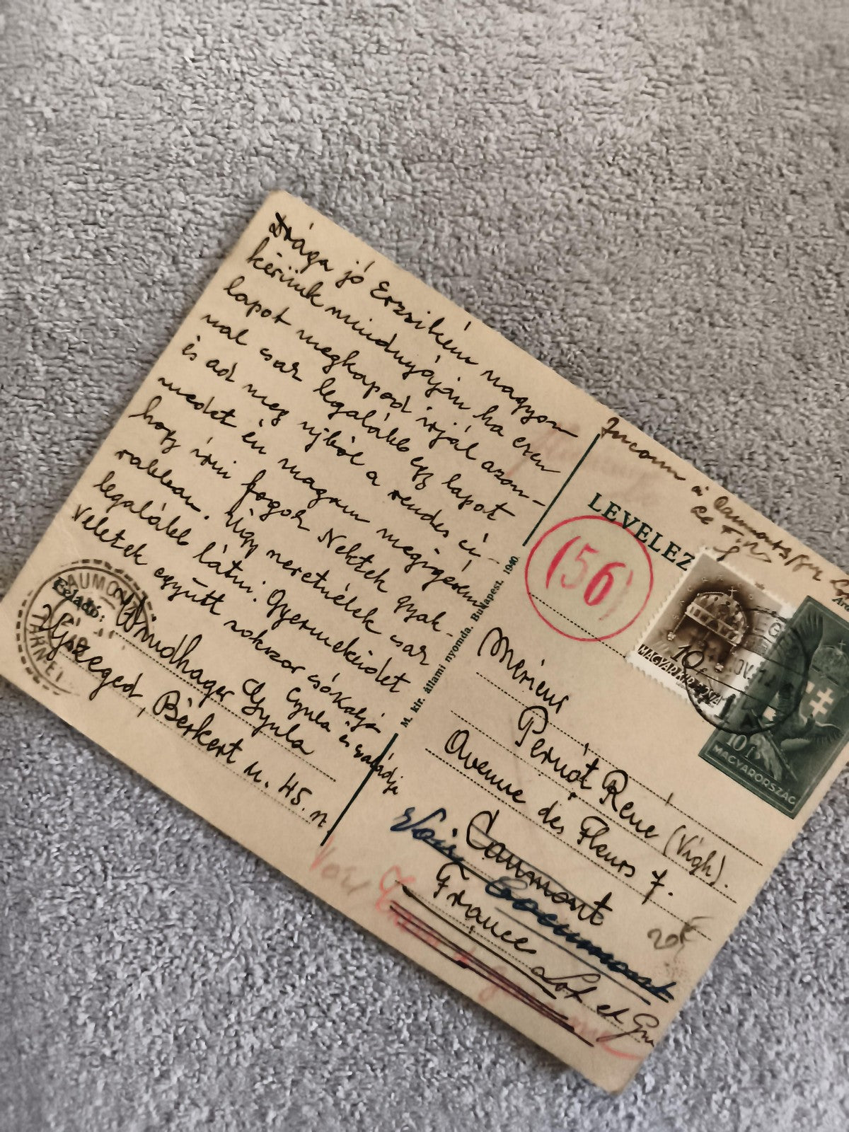 Carte postale Hongrie timbre 10f Croix Double oblitérée philatélie