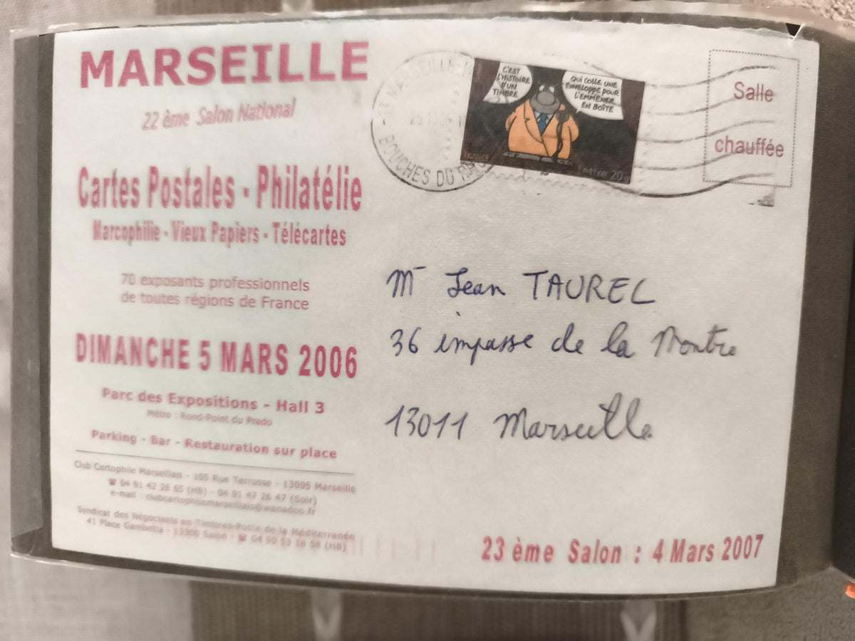 Carte publicitaire Salon Philatélie Marseille 2006 timbre humoristique philatéli