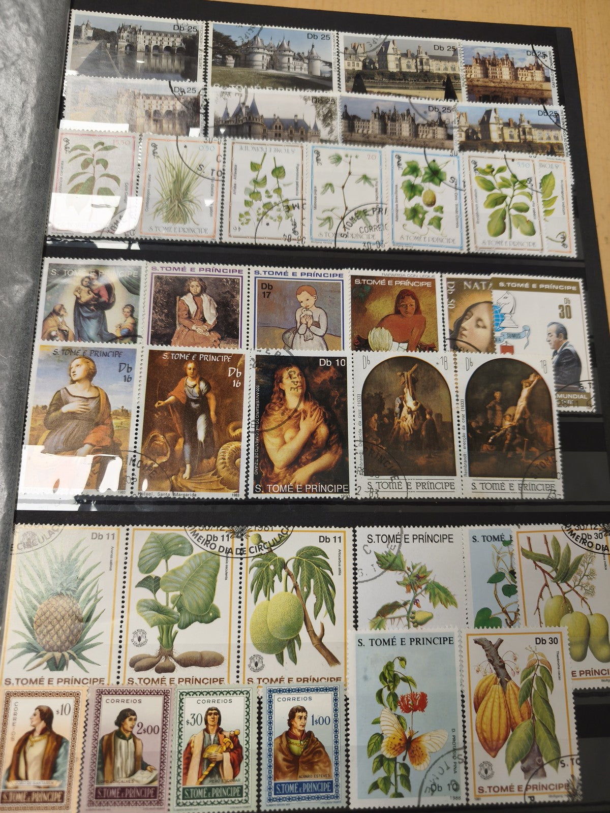 Lot timbres S. Tomé e Príncipe et Europe, motifs plantes, châteaux, portraits