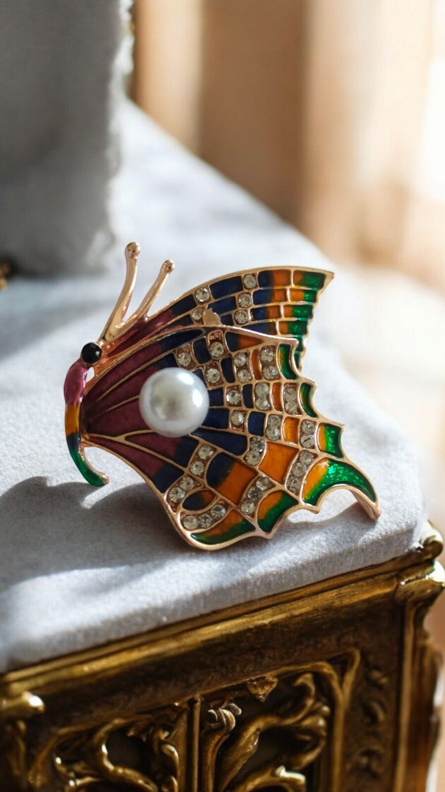 Vintage Butterfly Brooch Multicoloured Enamelled Rhinestone Pearl? Costume Jewellery Retro