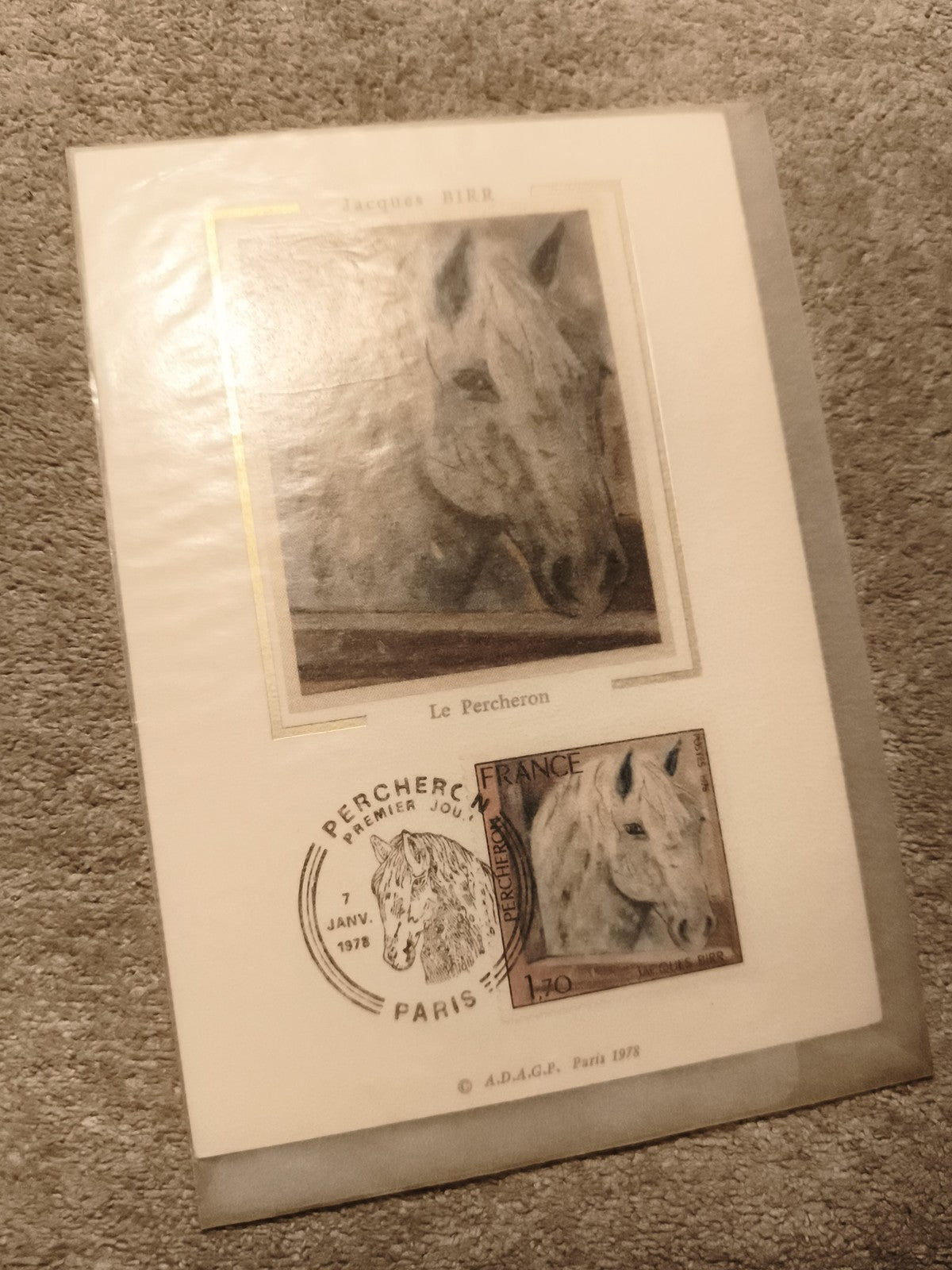 Timbre France Le Percheron 1978 FDC cheval Jacques Birr oblitération Paris