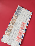 Enveloppe philatélie affranchie, timbres multicolores, airmail, écriture manuscr