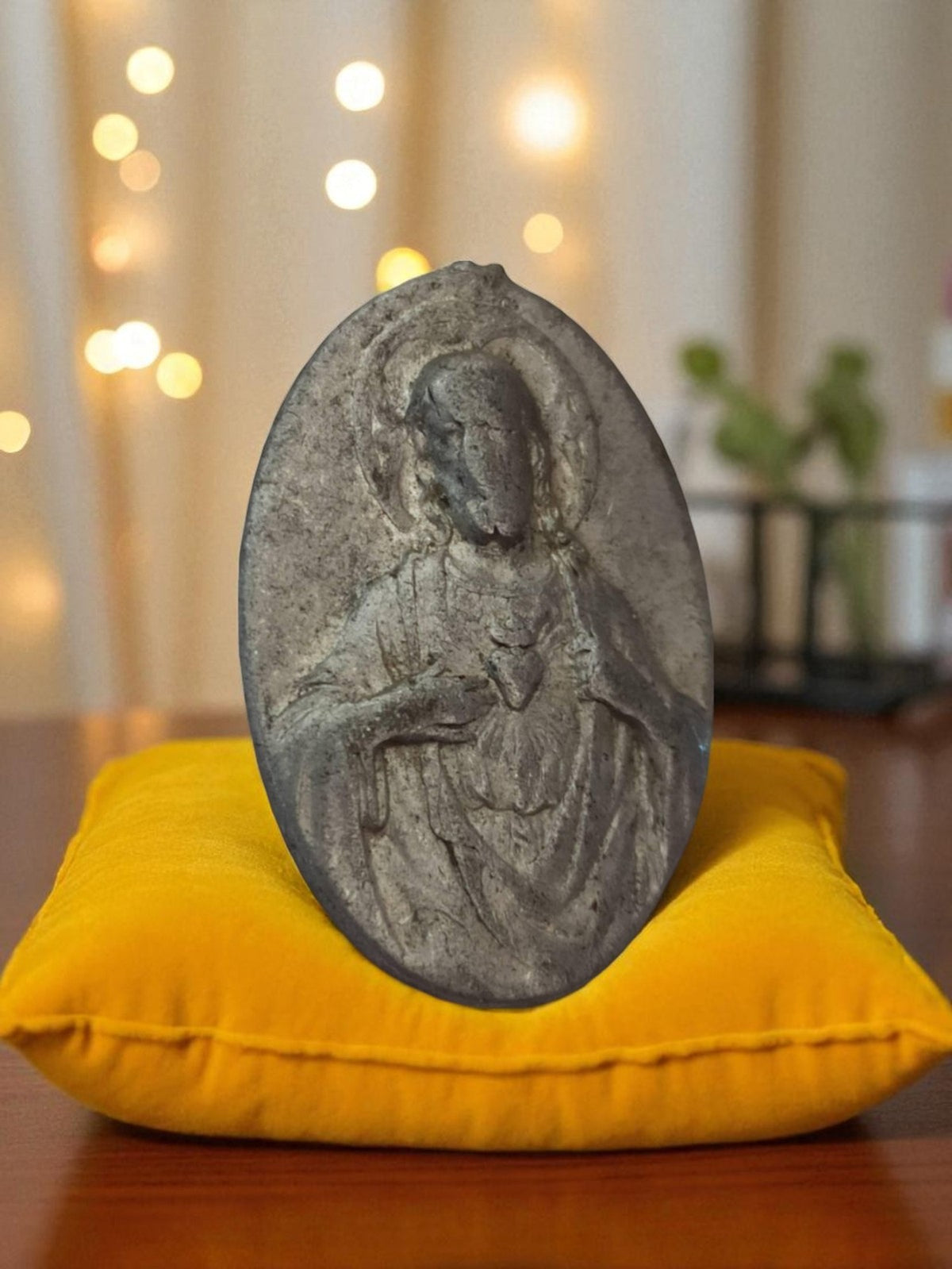 Vintage oval Catholic religious plaque, medal style, antique grey decor