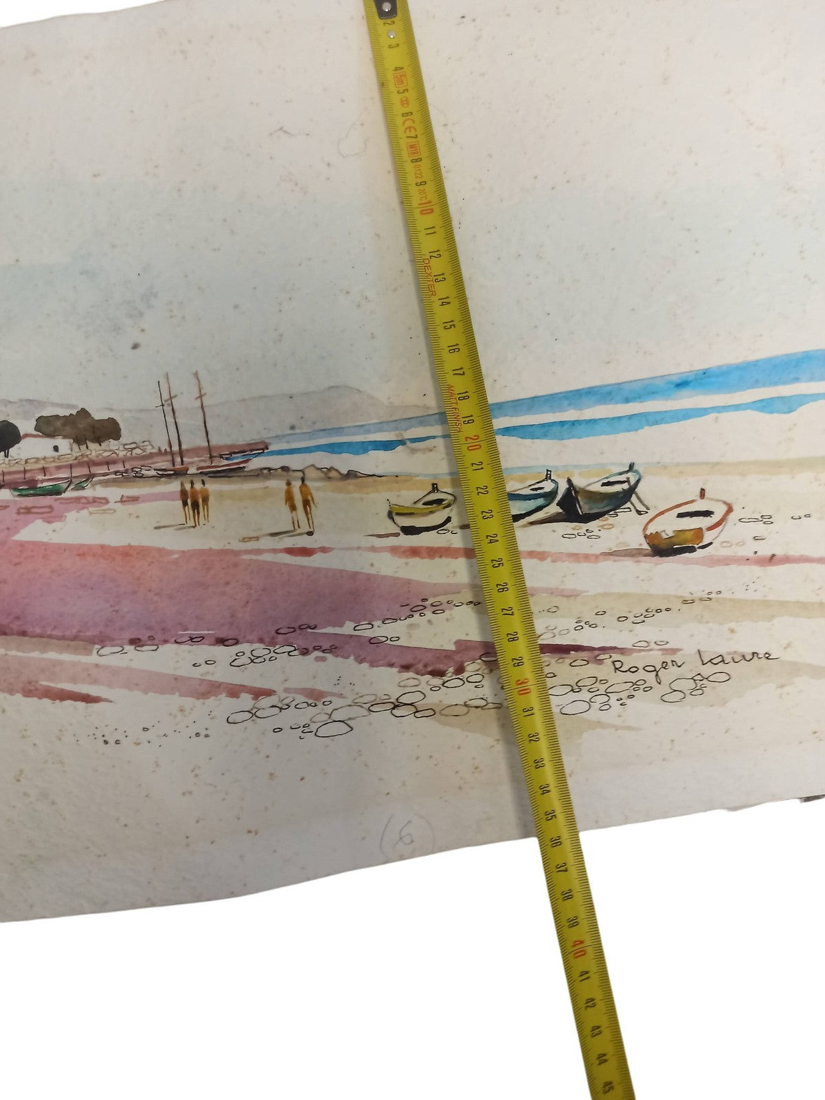 Aquarelle ancienne plage bateaux signée Roger Latre vintage paysage marin