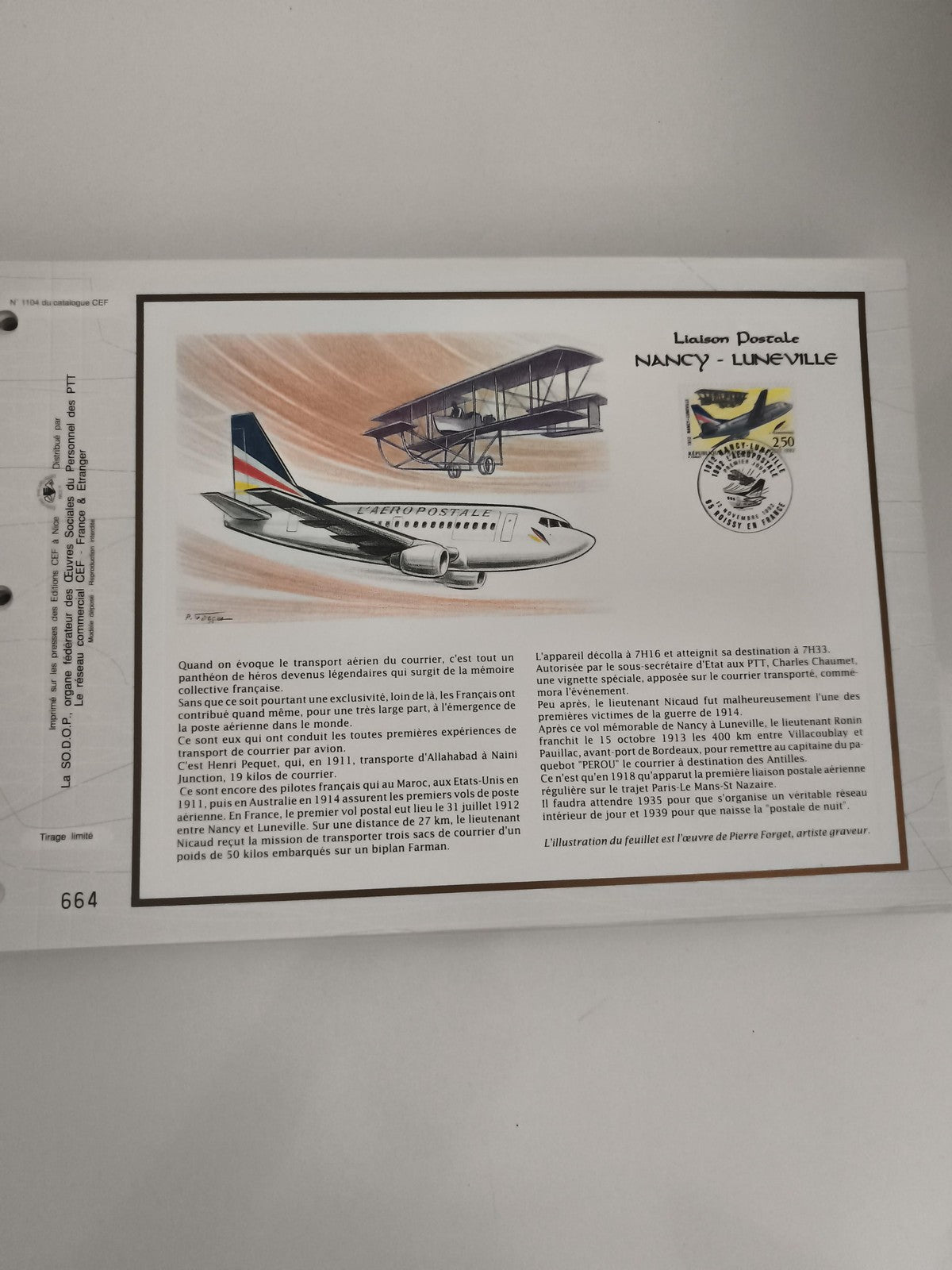 Feuillet CEF Liaison Postale Nancy Lunéville aviation philatélie timbre