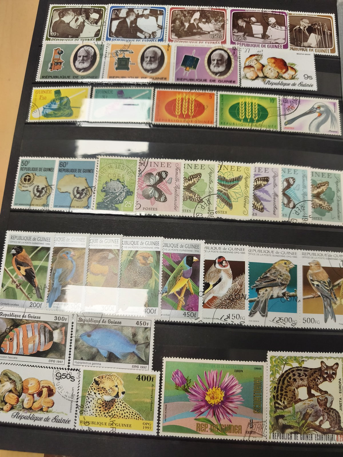 Lot timbres Guinée motifs oiseaux, animaux, fleurs et objets divers, d'occasion