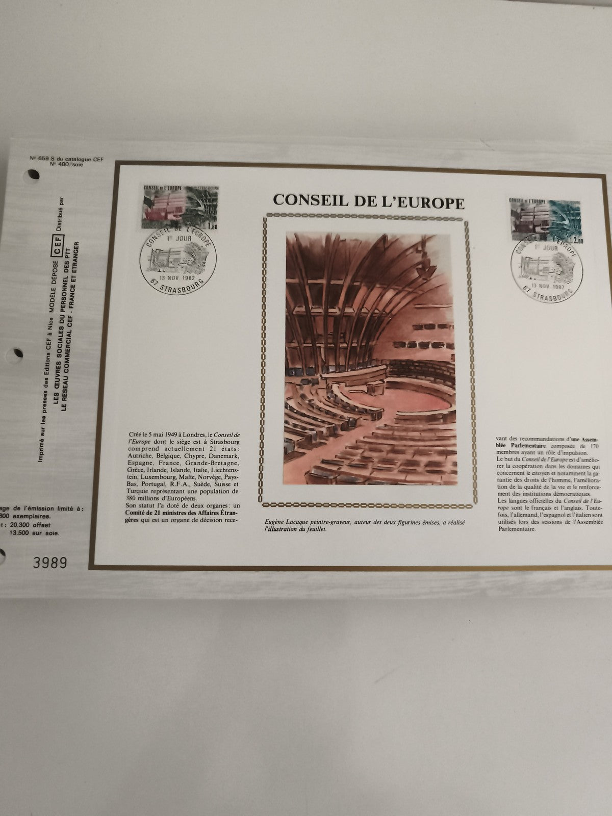Feuillet CEF Conseil de l'Europe Strasbourg 1982 timbres oblitérés philatélie