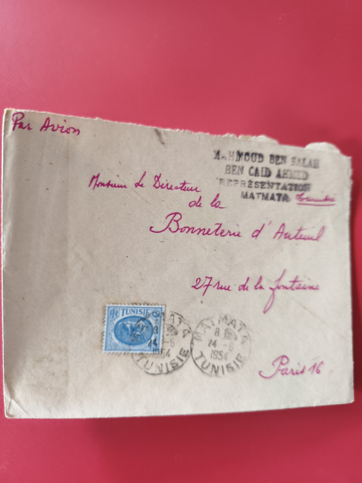 Enveloppe philatélie Tunisie affranchie timbre bleu, cachet Matmata 1954