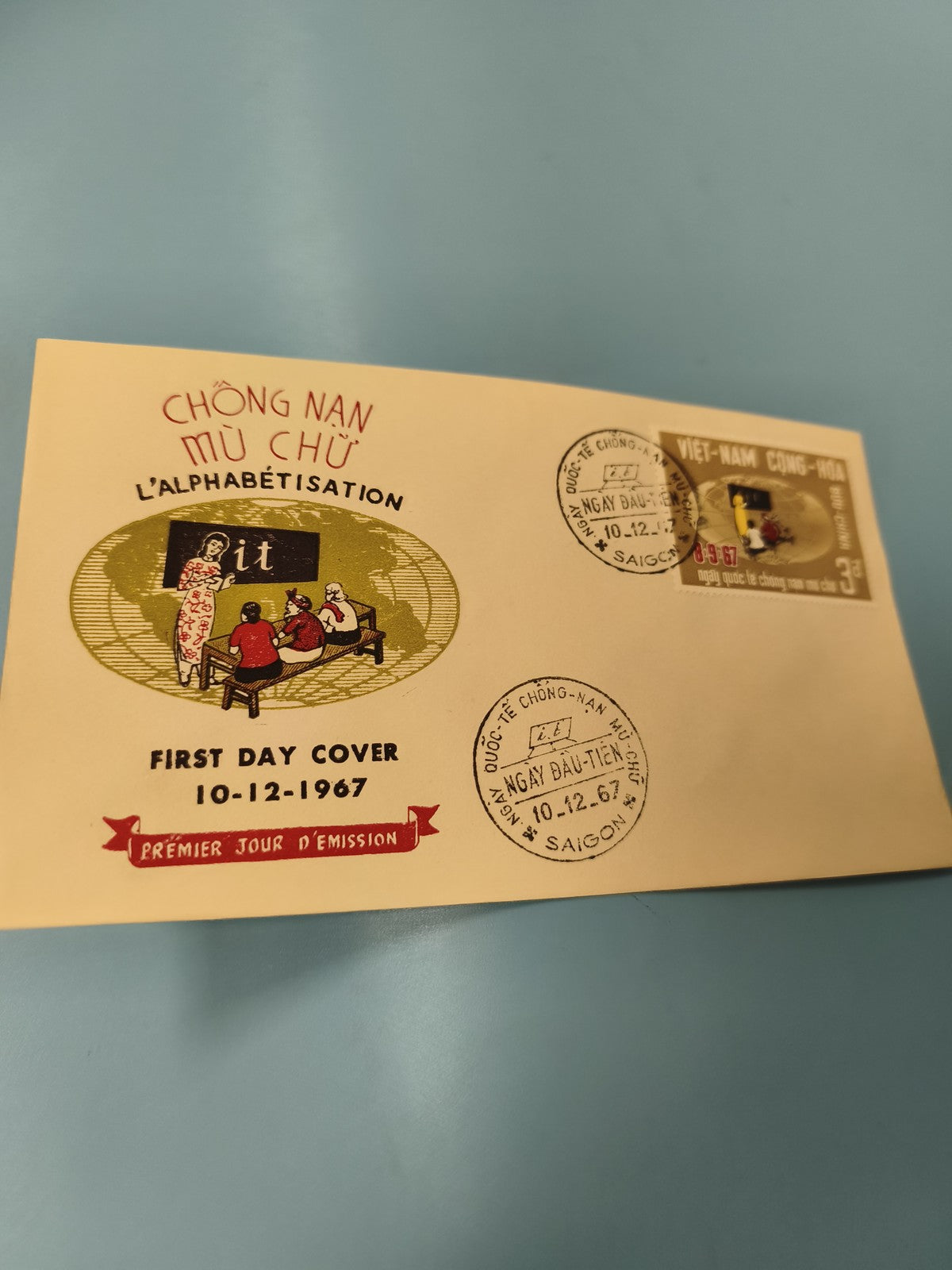 Ancienne enveloppe FDC Vietnam 1967 alphabétisation, timbre illustré Saigon