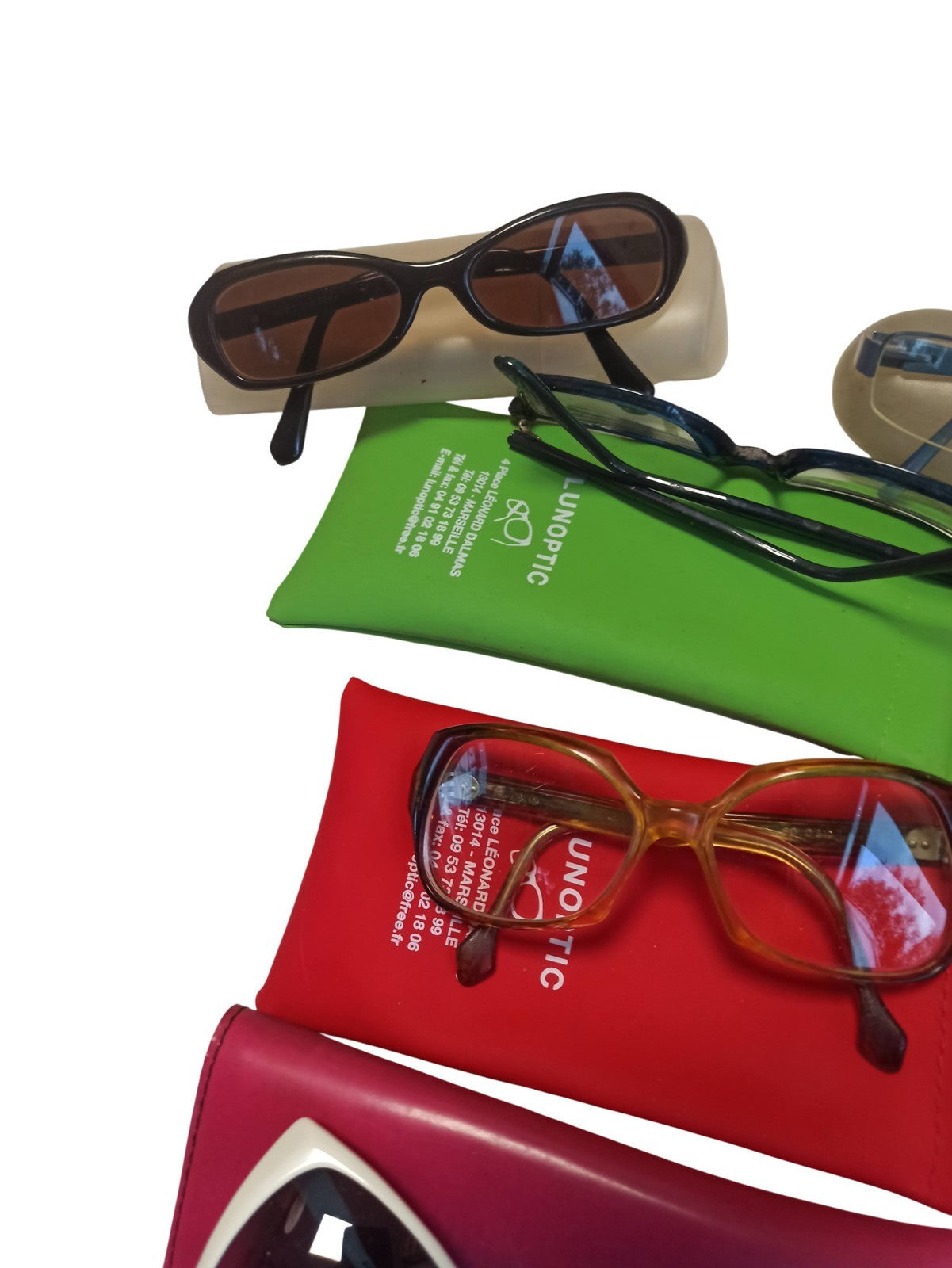 Lot lunettes vintage rétro, montures variées, verres occasions, étuis Lunoptic