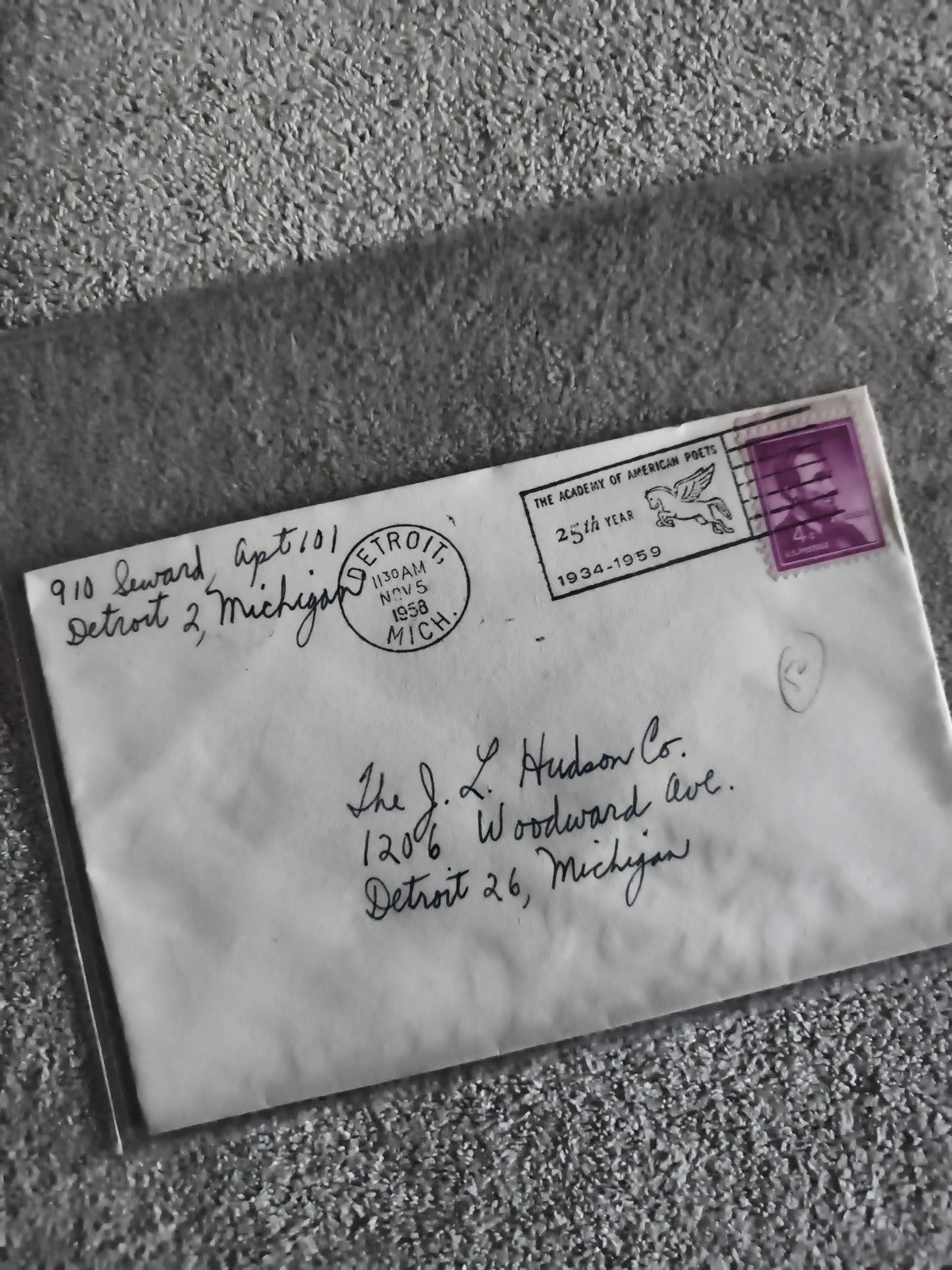 Lettre oblitérée 1958 Detroit timbre 4¢ Academy of American Poets USA (Ref 27)