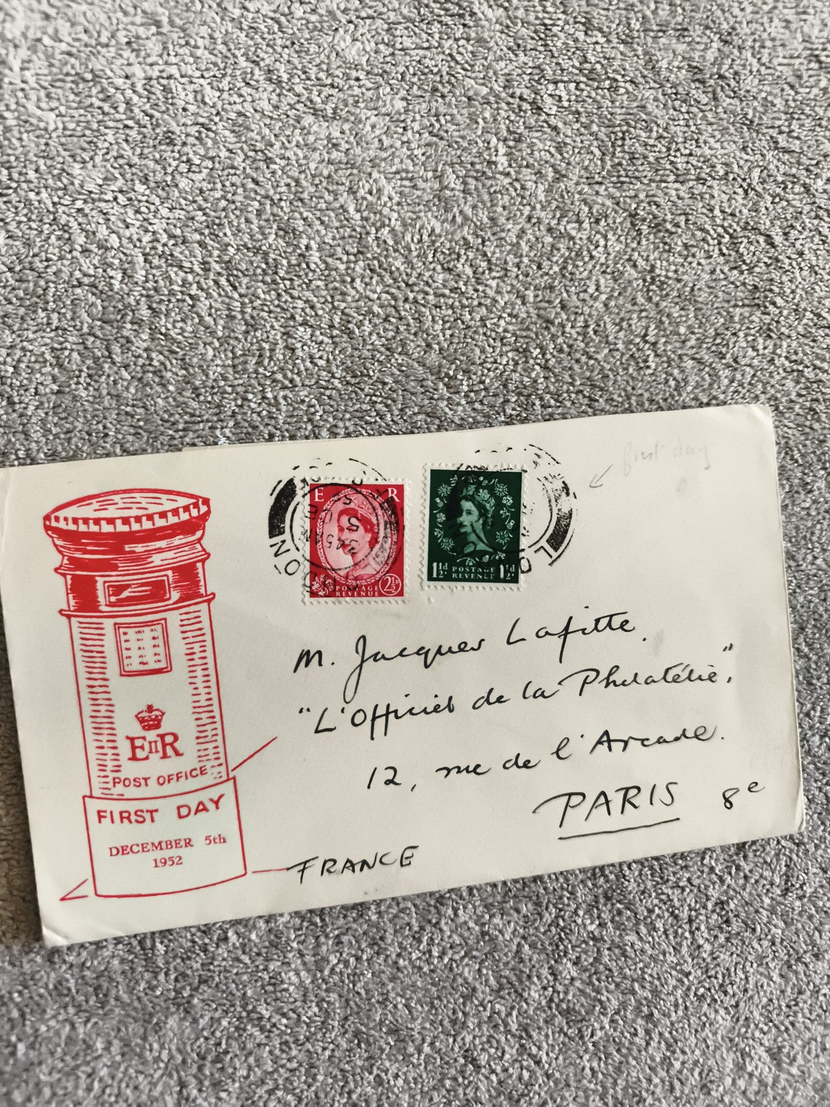Lettre Premier Jour 5 Décembre 1952 Angleterre timbres Élisabeth II Philatélie
