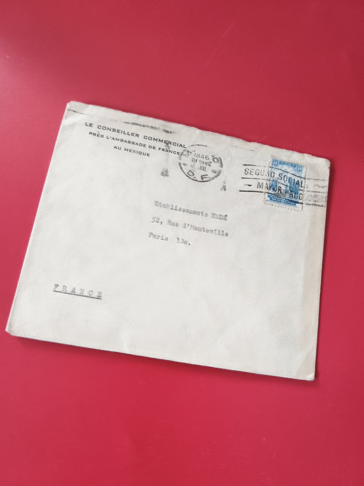 Enveloppe philatélie France Mexique affranchissement timbre bleu cachet visible
