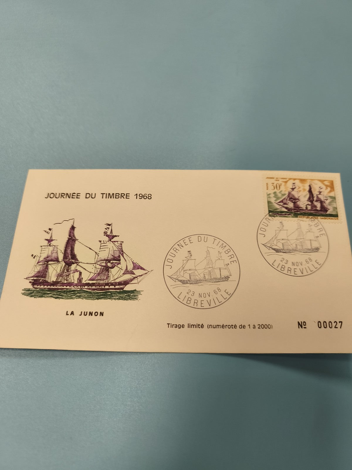 Enveloppe premier jour FDC 1968 La Junon timbre Gabon n°27 tirage limité