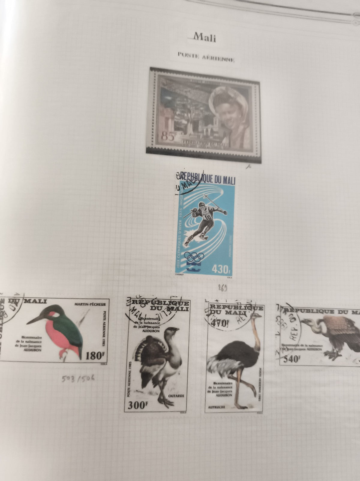 Timbres Mali oiseaux Audubon, Jeux Olympiques, poste aérienne, lot philatélie