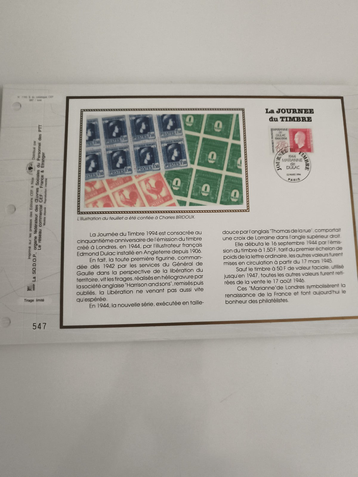 Feuillet philatélique CEF Journée du Timbre 1994 Marianne de Londres