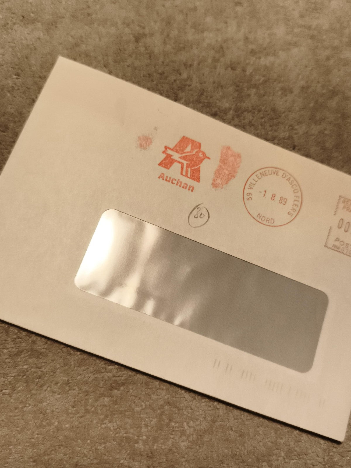 Lettre commerciale Auchan 1989 fenêtre, cachet Villeneuve d’Ascq philatélie