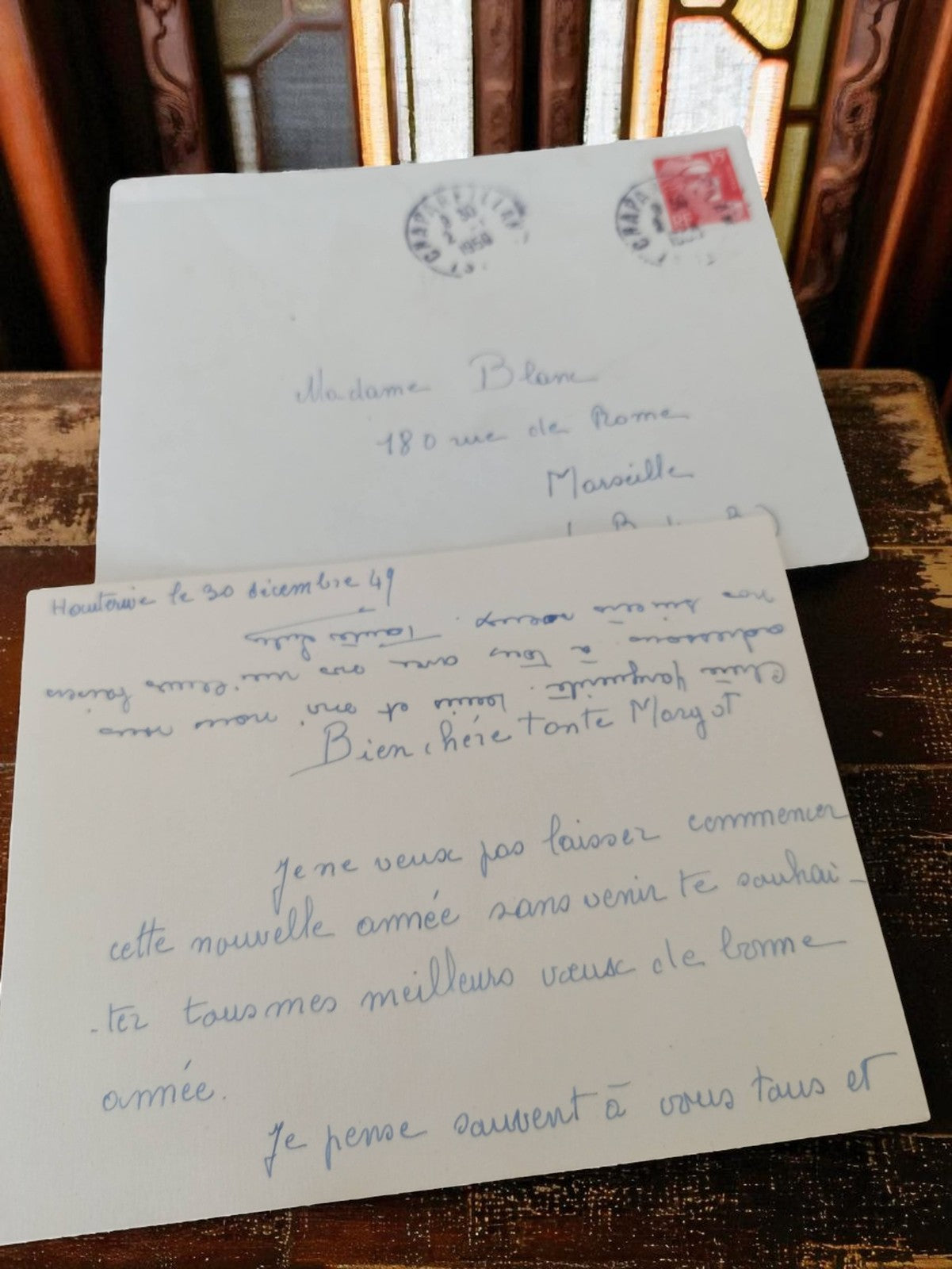 Lettre manuscrite ancienne 1949 + enveloppe timbre vintage écriture bleue