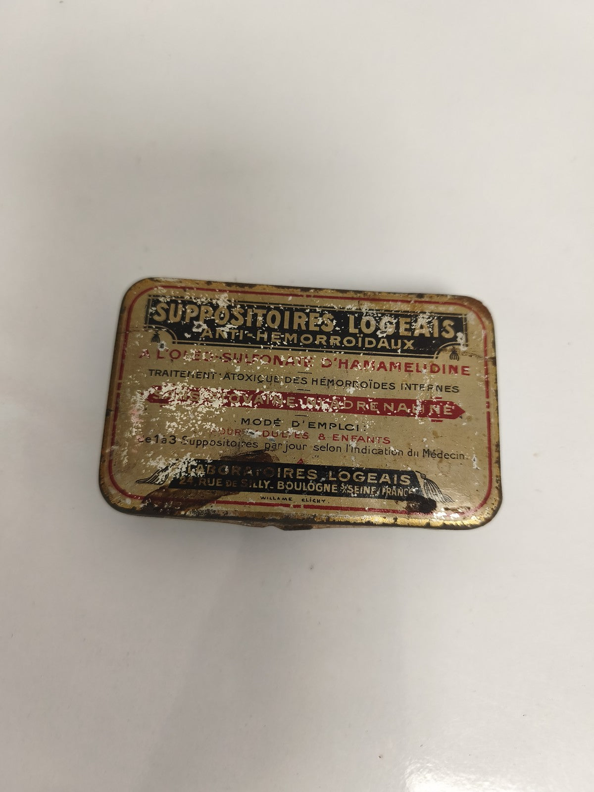 Boîte publicitaire ancienne Laboratoires Logeais anti-hémorroïdaux vintage pharm