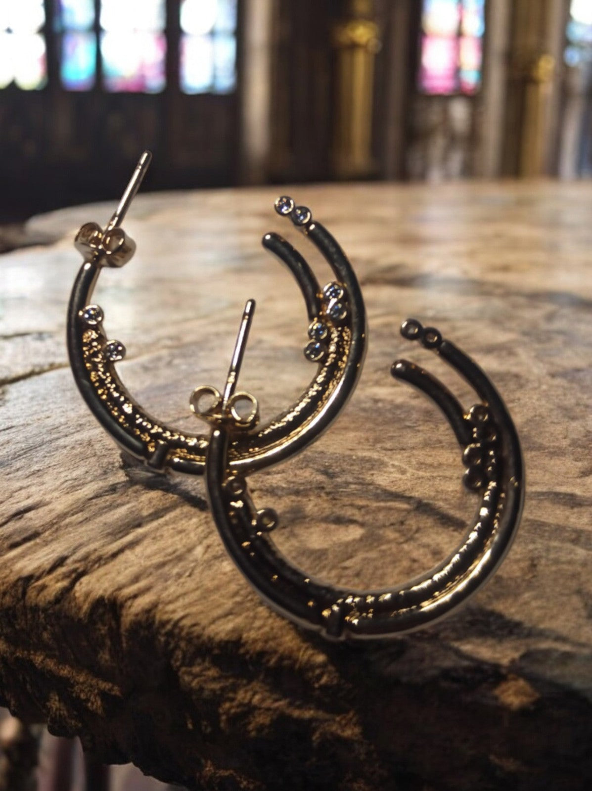 Boucles d’oreilles créoles vintage plaqué or, double anneau, style baroque