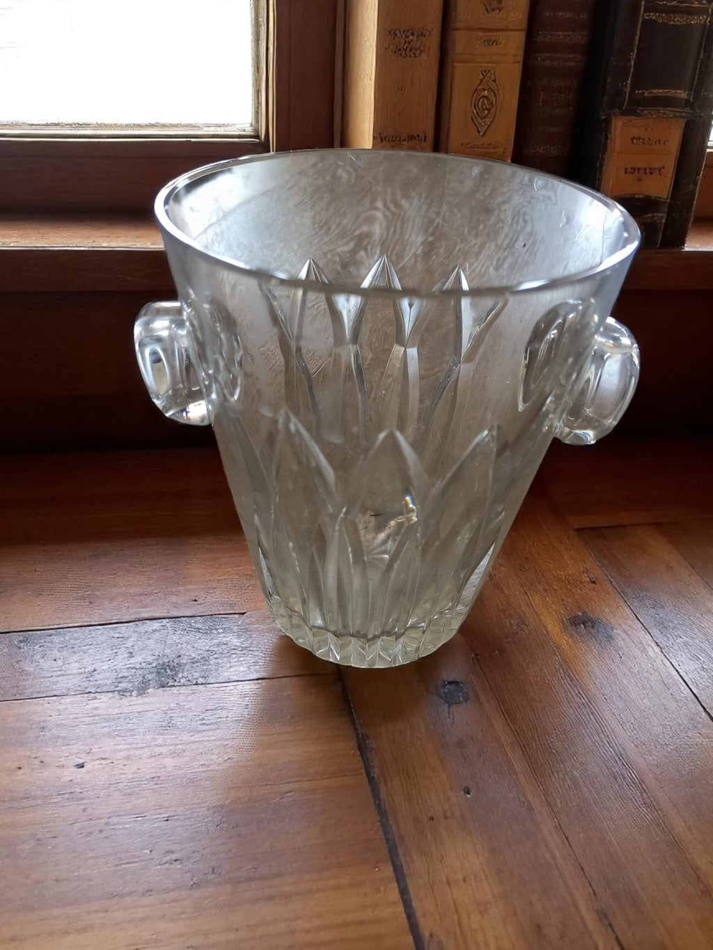 Seau à glace cristal ancien Art déco, gravé, anses, vintage déco bar