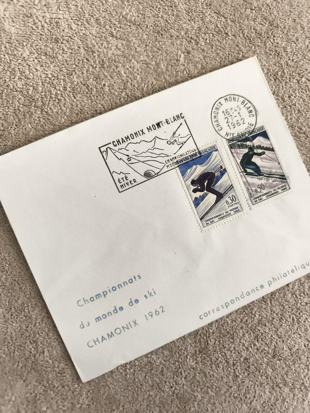 Lettre 1er jour Chamonix 1962 ski timbres Championnats du monde philatélie