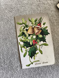 Carte postale Bonne Année houx gui cloche relief CPA ancienne