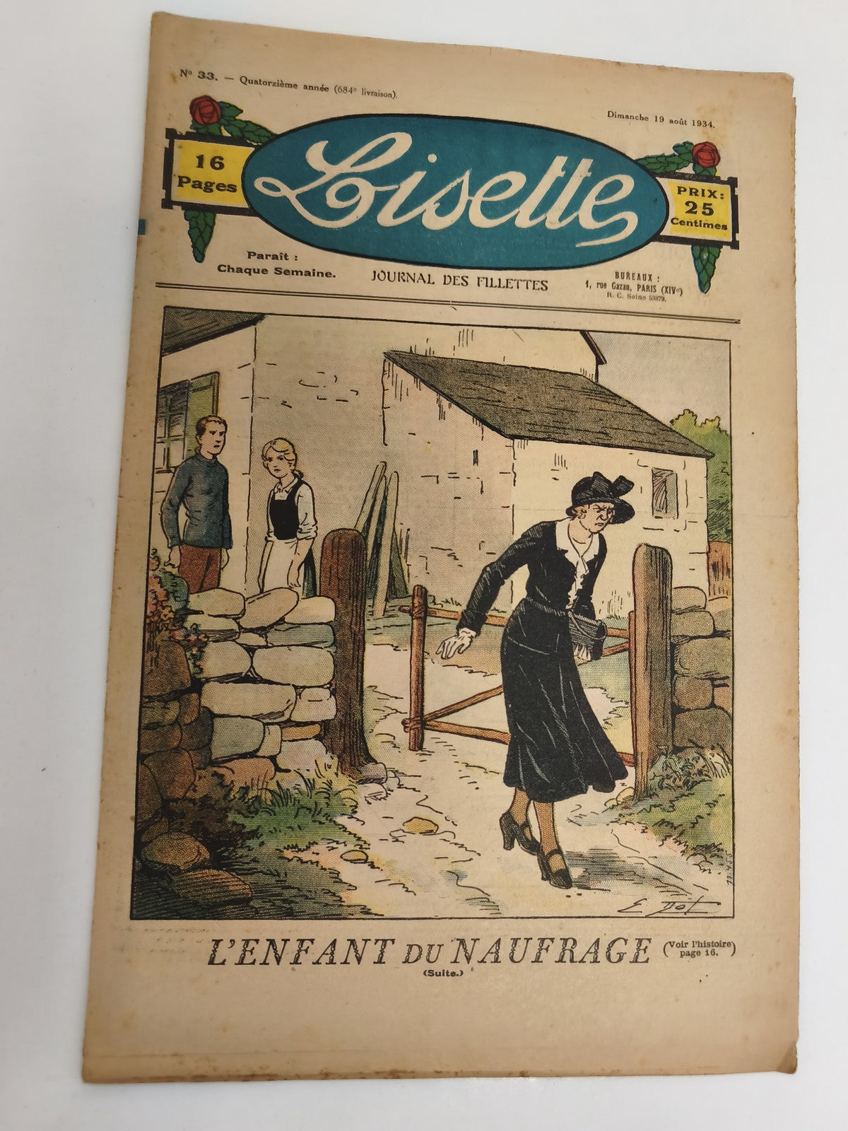 Ancien journal Lisette 1934, 16 pages, L’enfant du naufrage, vintage illustré
