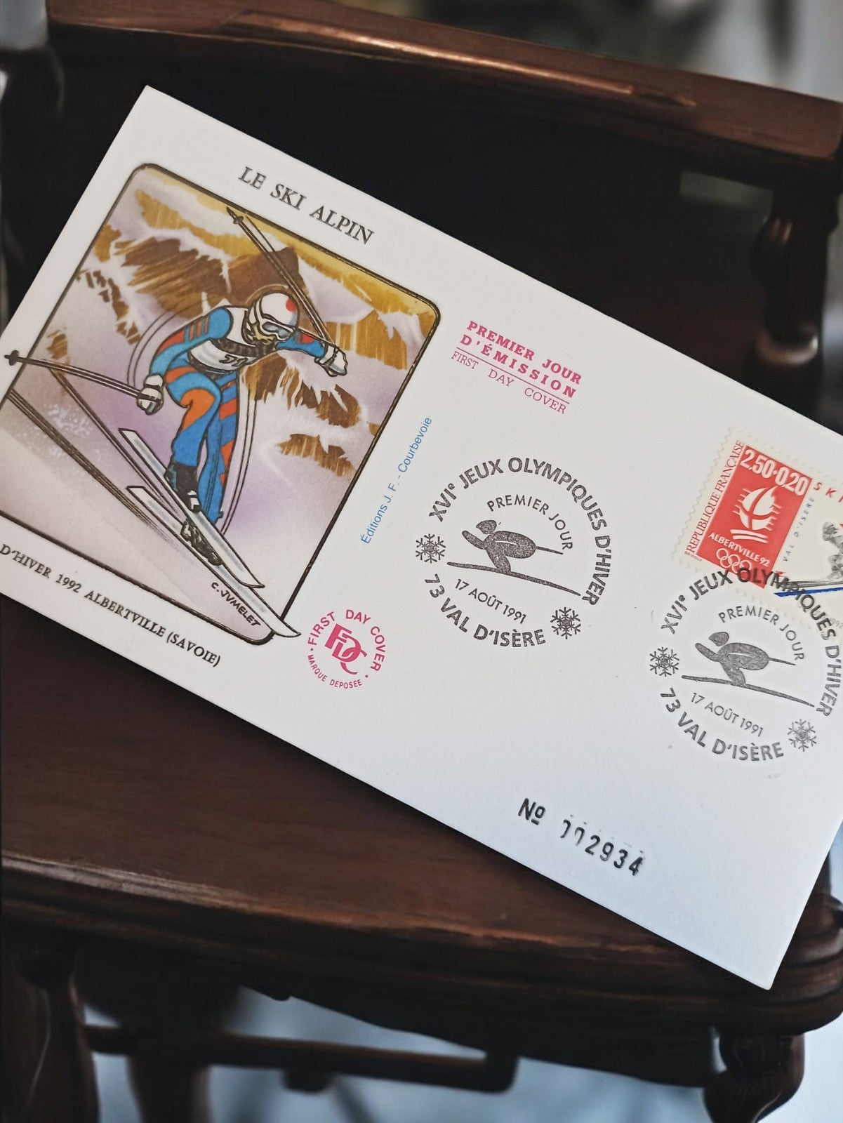 Enveloppe Premier Jour 1991 Jeux Olympiques Albertville ski alpin vintage timbre