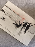 CPA illustrée débarquement silhouettes encre noir mer coucher de soleil France
