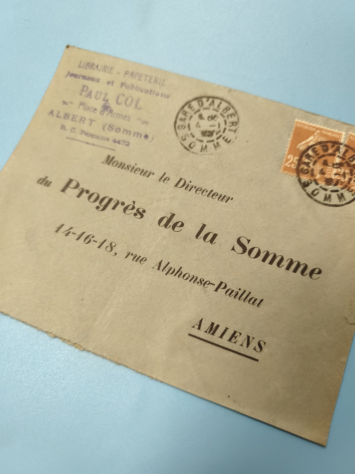 Ancienne enveloppe oblitérée début XXe Progrès de la Somme Albert Amiens philaté