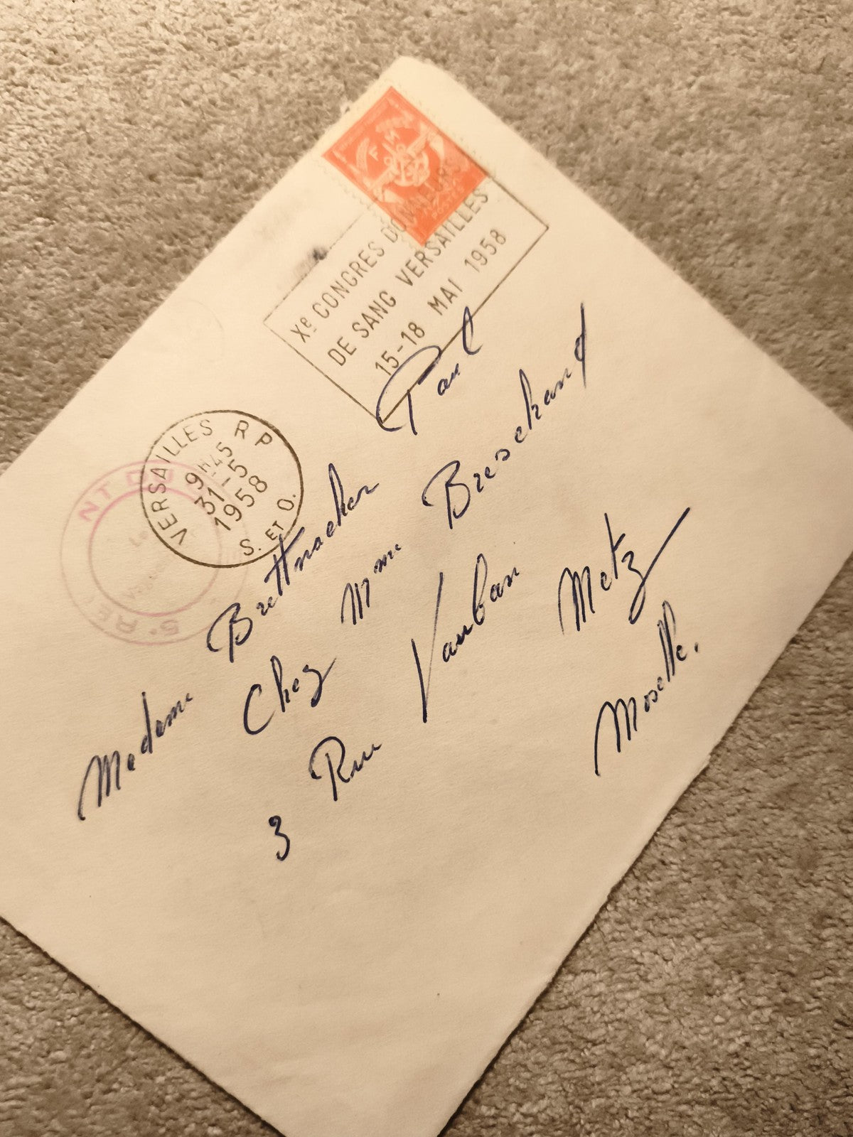 Lettre oblitérée 1958 Versailles congrès sang timbre rouge philatélie (Ref 11)