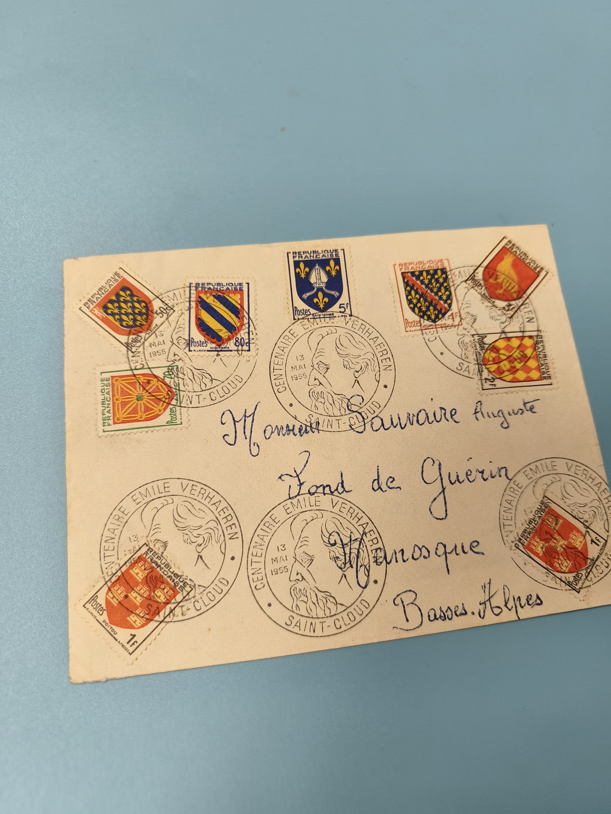 Ancienne enveloppe philatélie 1955 timbres blasons Centenaire Verhaeren rare