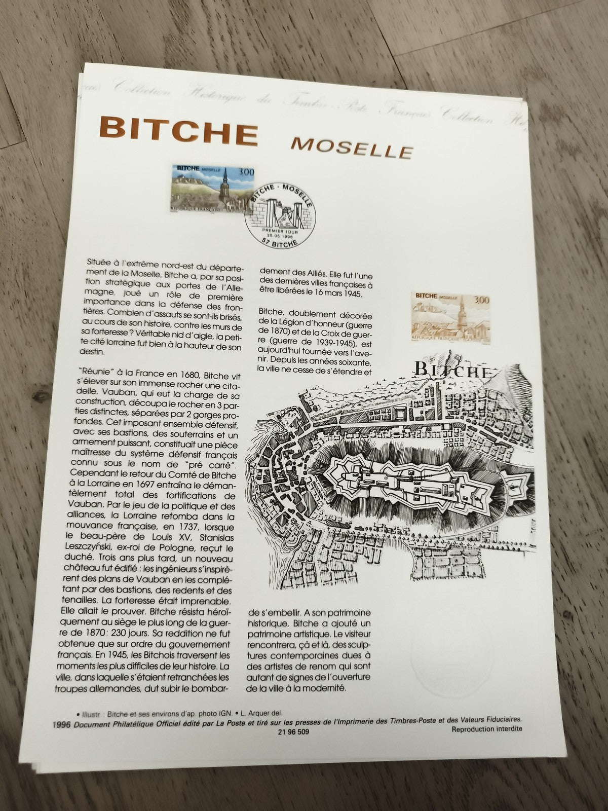 Feuillet philatélique Bitche Moselle 1996 timbre oblitéré La Poste