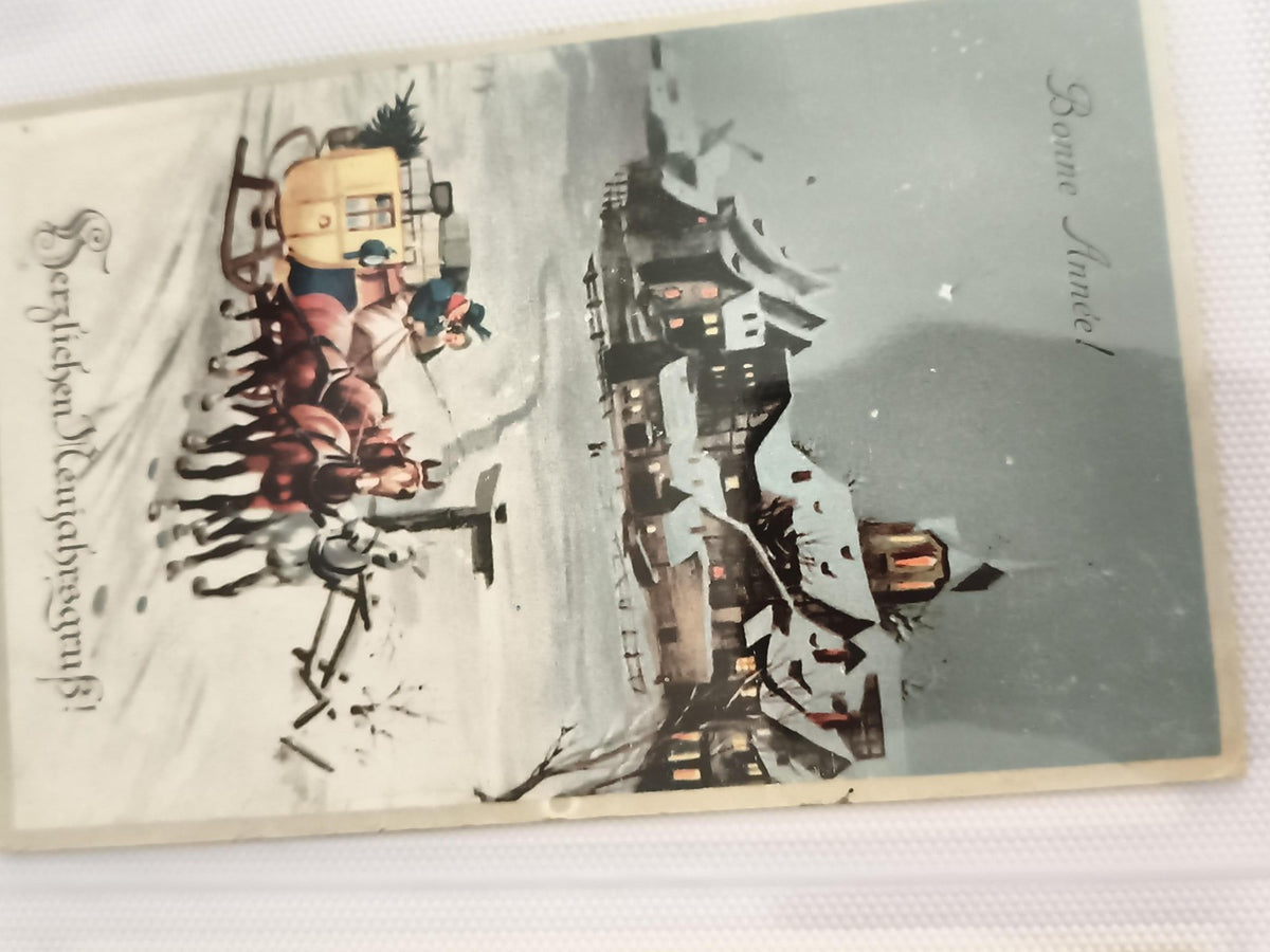 Carte postale ancienne hiver traîneau village Bonne Année CPA illustrée vintage