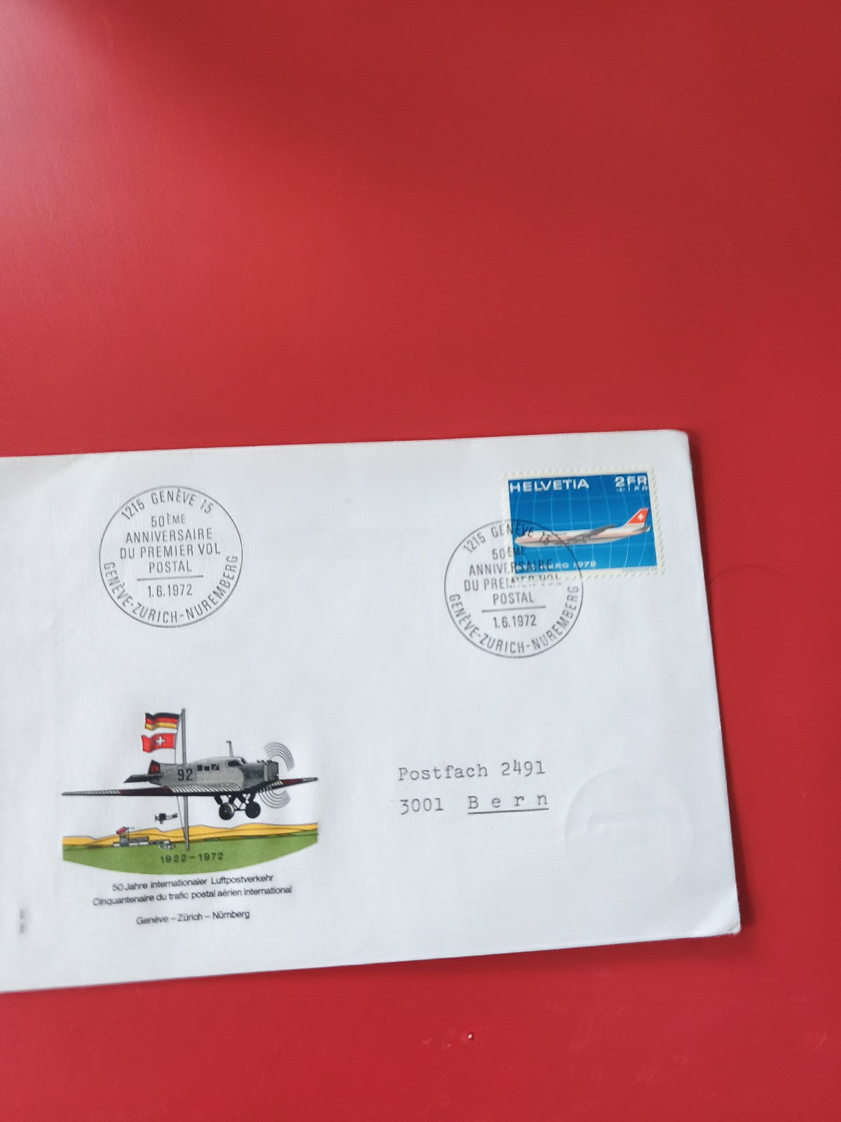 Enveloppe philatélie Suisse 1972 avion, 50e anniversaire vol postal Genève