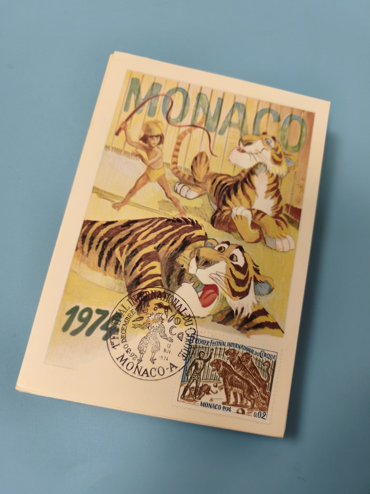 Carte postale Monaco 1974 cirque tigres timbre Premier Festival International