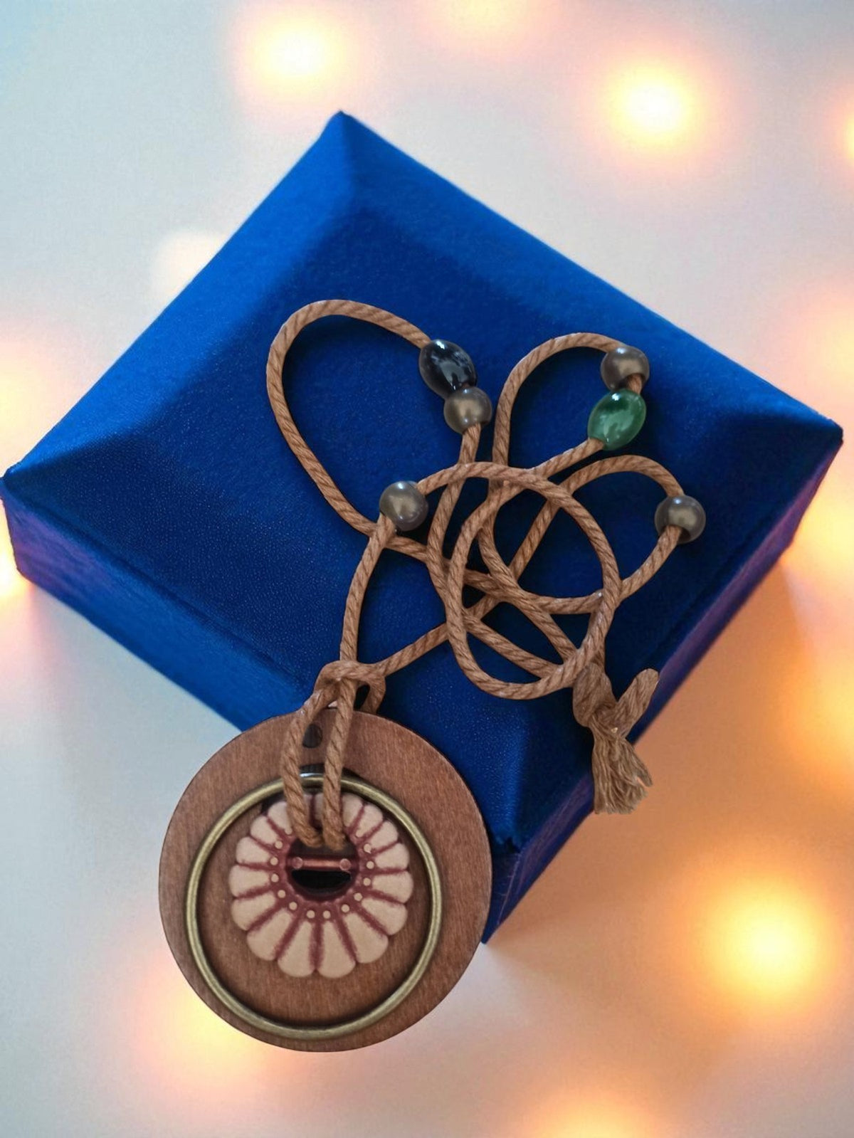 Vintage fancy round pendant necklace, 80s retro style, beaded cord