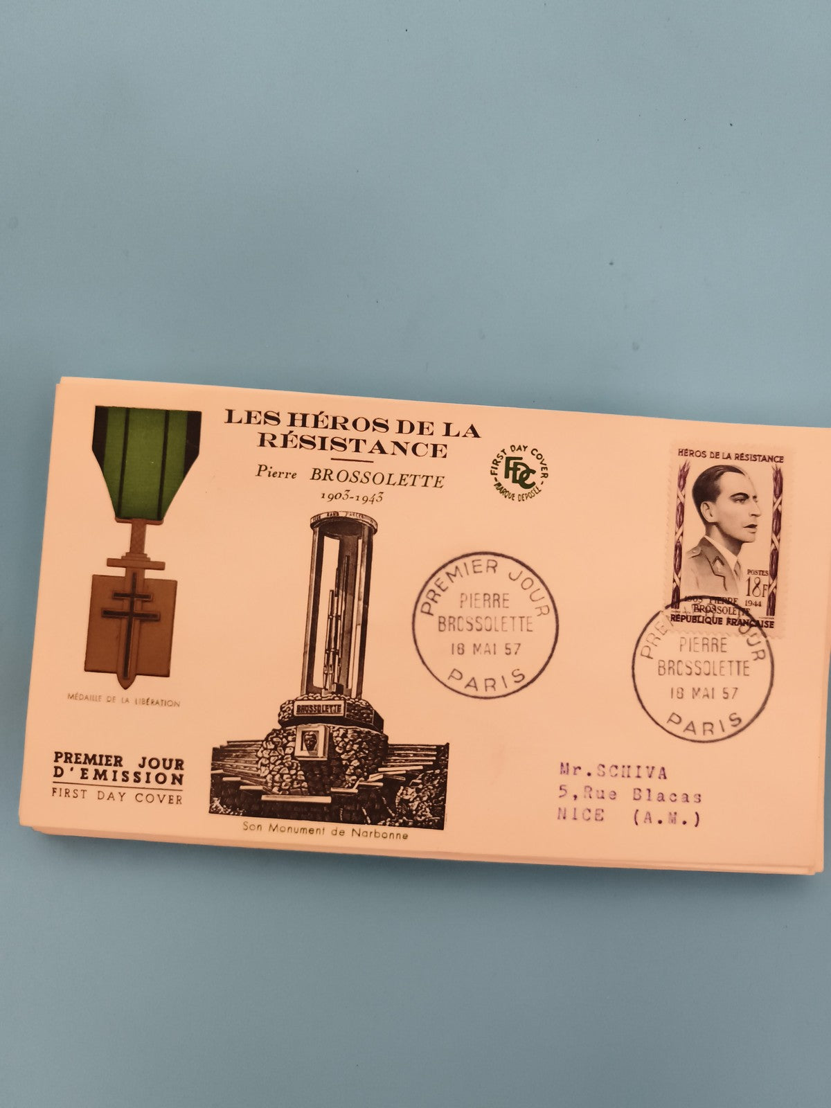 Lettre Premier Jour Héros Résistance Pierre Brossolette 1957 Paris cachet FDC