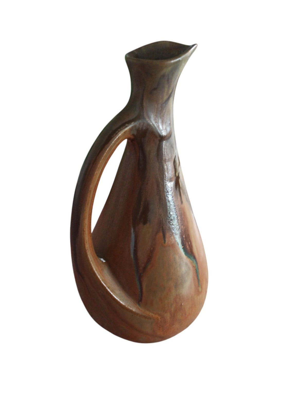 Vase ancien Provence signé, grès émaillé brun, anse sculptée, signature mystérie