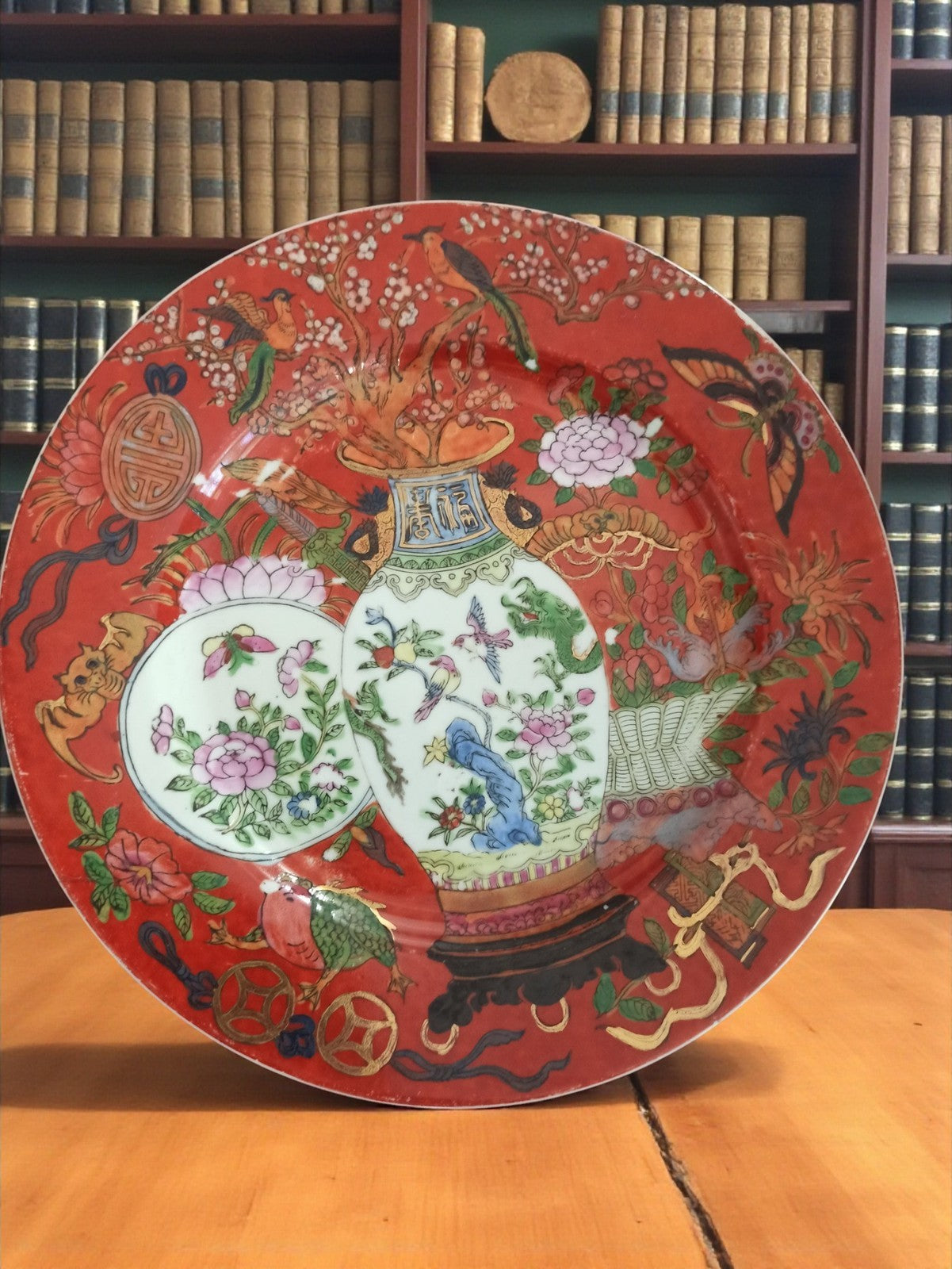 Assiette ancienne chinoise Da Qing Guangxu Nian Zhi décor rouge fleurs oiseaux v