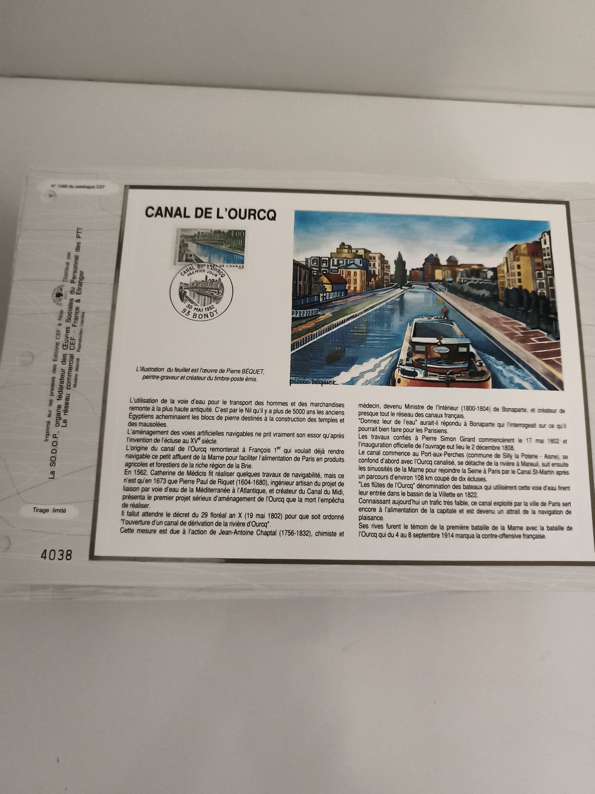 Feuillet CEF Canal de l'Ourcq timbre oblitéré illustration Béquet philatélie