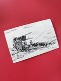 Carte radio illustration chariot et b?ufs noir et blanc sur fond rouge