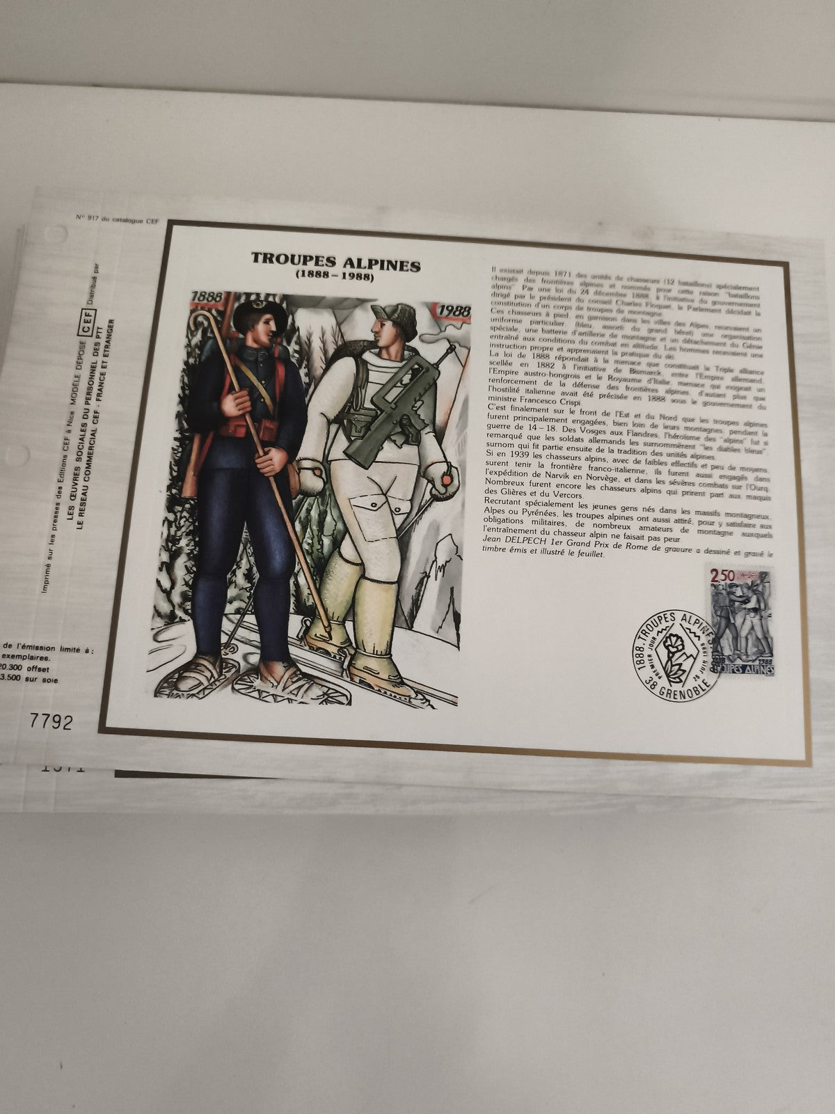 Feuillet philatélique CEF Troupes Alpines 1888-1988 timbre illustré France