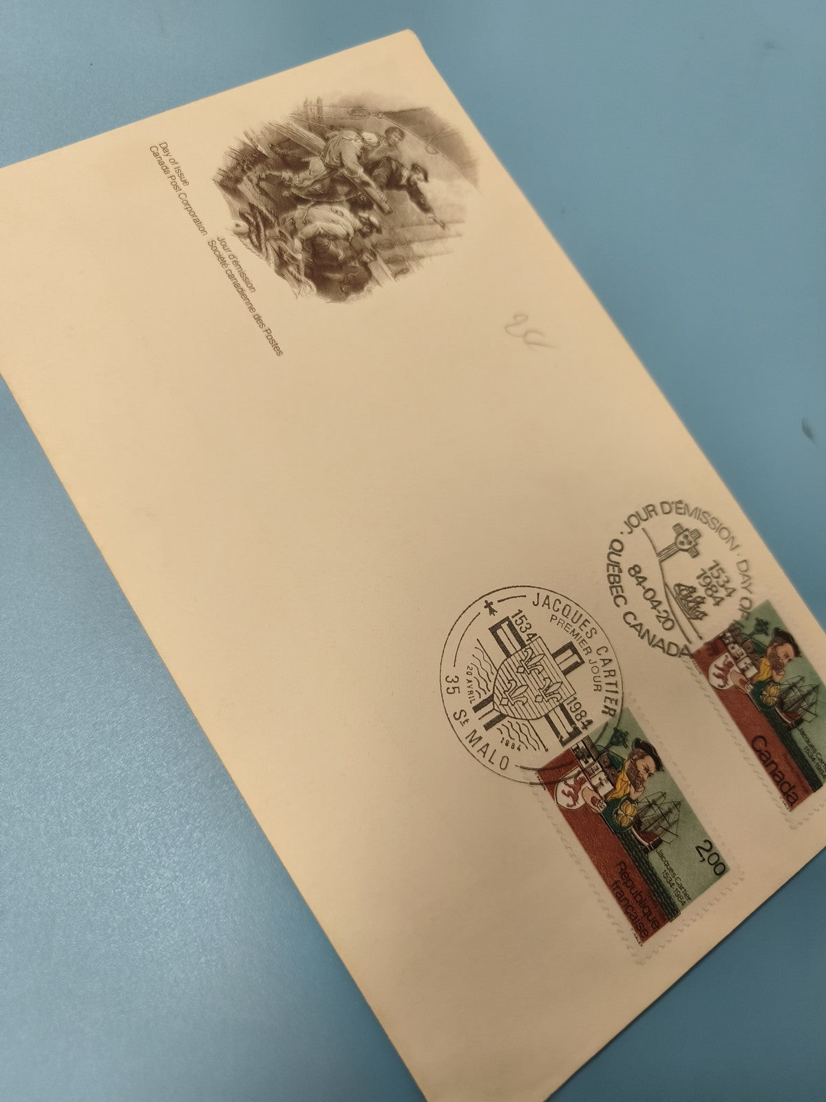 Enveloppe FDC timbre Jacques Cartier 1984 Saint-Malo Québec illustration navire