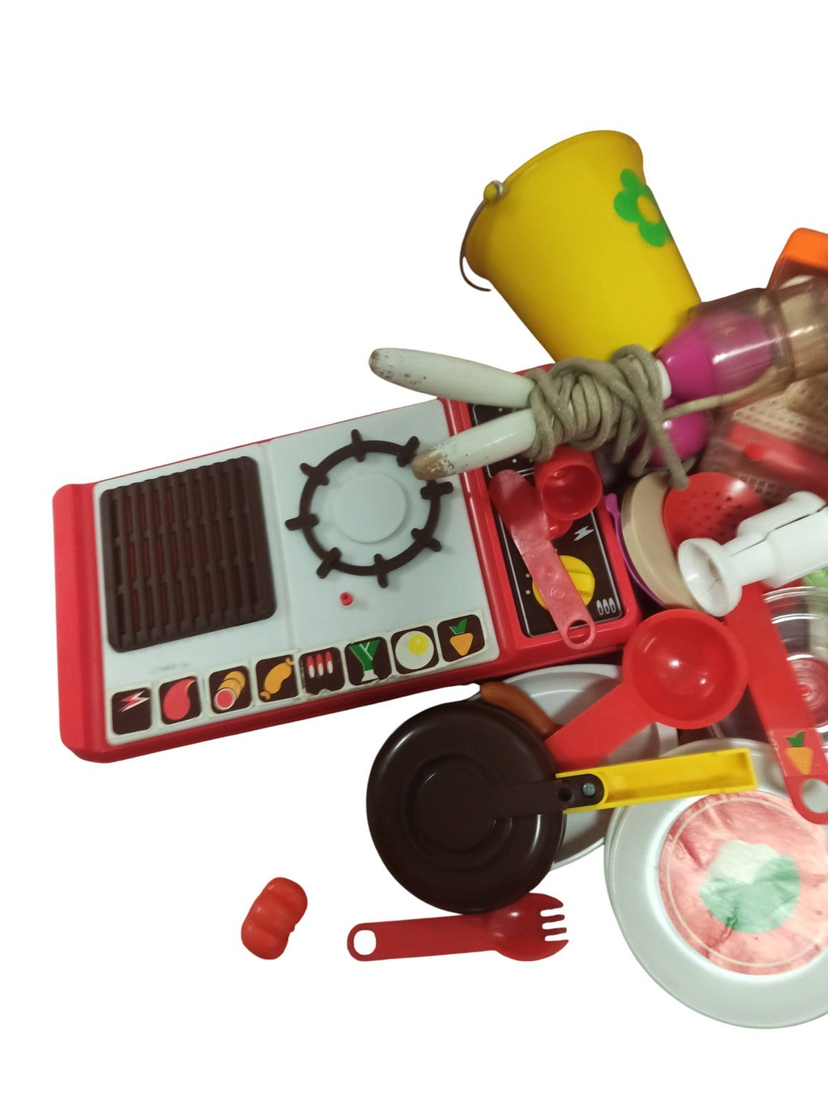 Lot accessoires dinette vintage cuisine jouet rétro, ustensiles anciens colorés