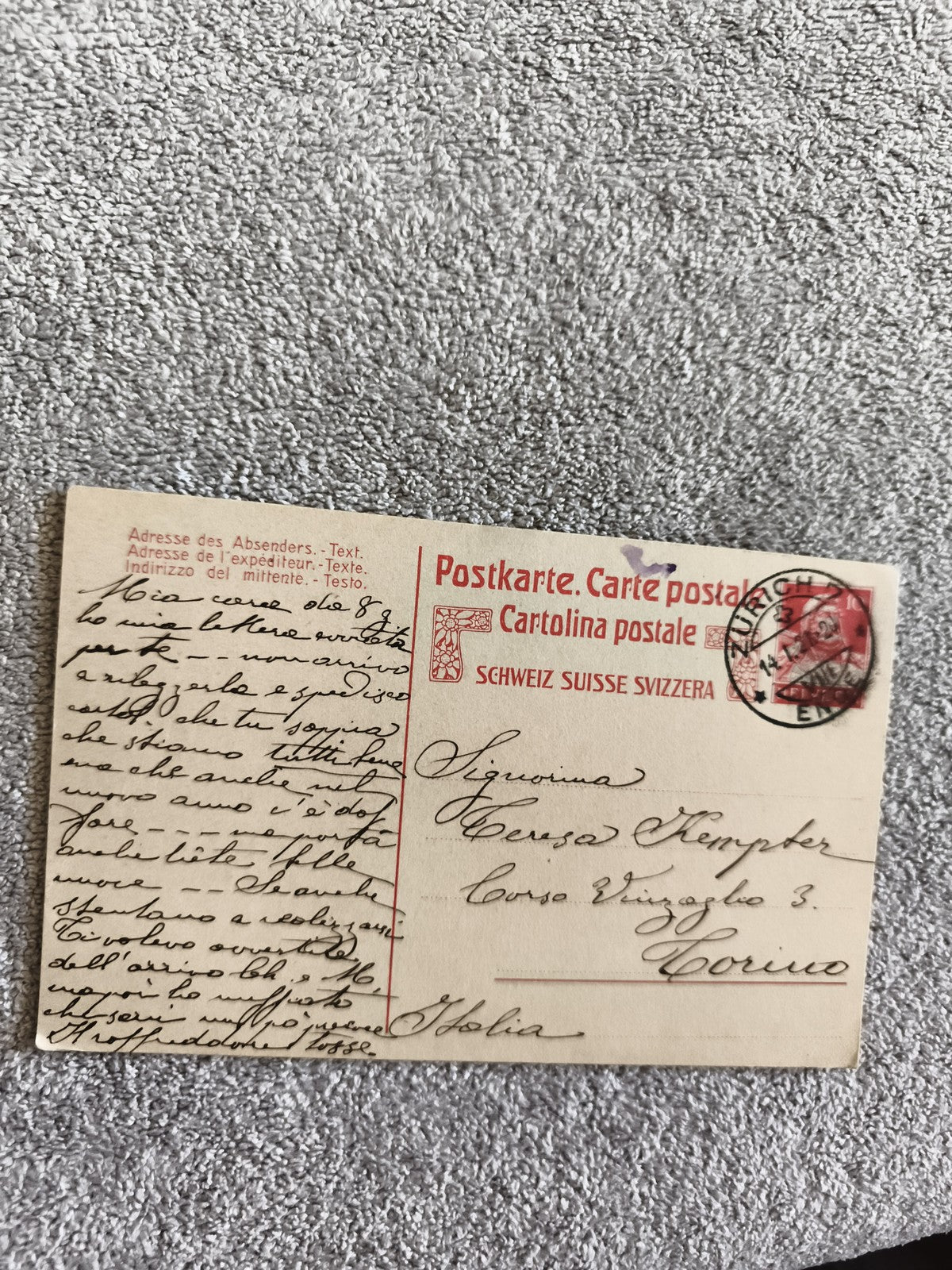 Carte postale Suisse affranchie 1905, tampon Zurich, écriture italienne